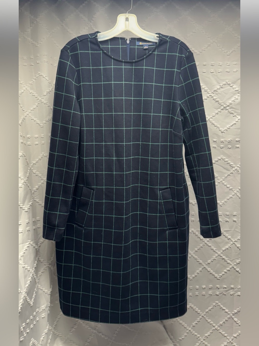 Brooks Brothers Navy Blue Green Windowpane Check Long Sleeve Shift Dress Size L